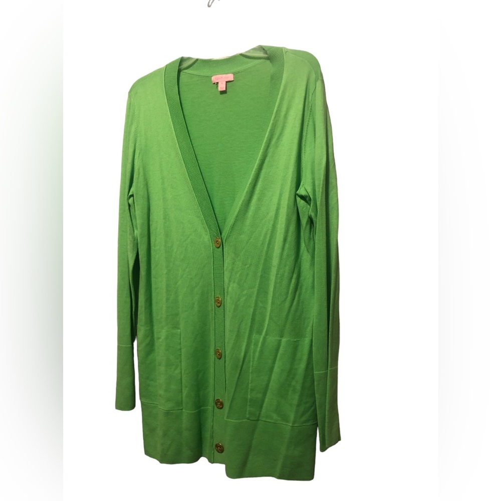Lilly Pulitzer Bright Green Long V-Neck Button Cardigan - Picture 3 of 4